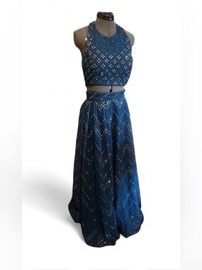 Blue Embellished Lehenga Skirt and Crop Top Set (Halter Top)